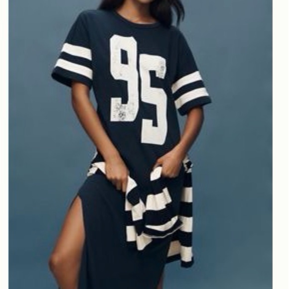 Anthropologie Navy Midi Dress with Cream Stripes